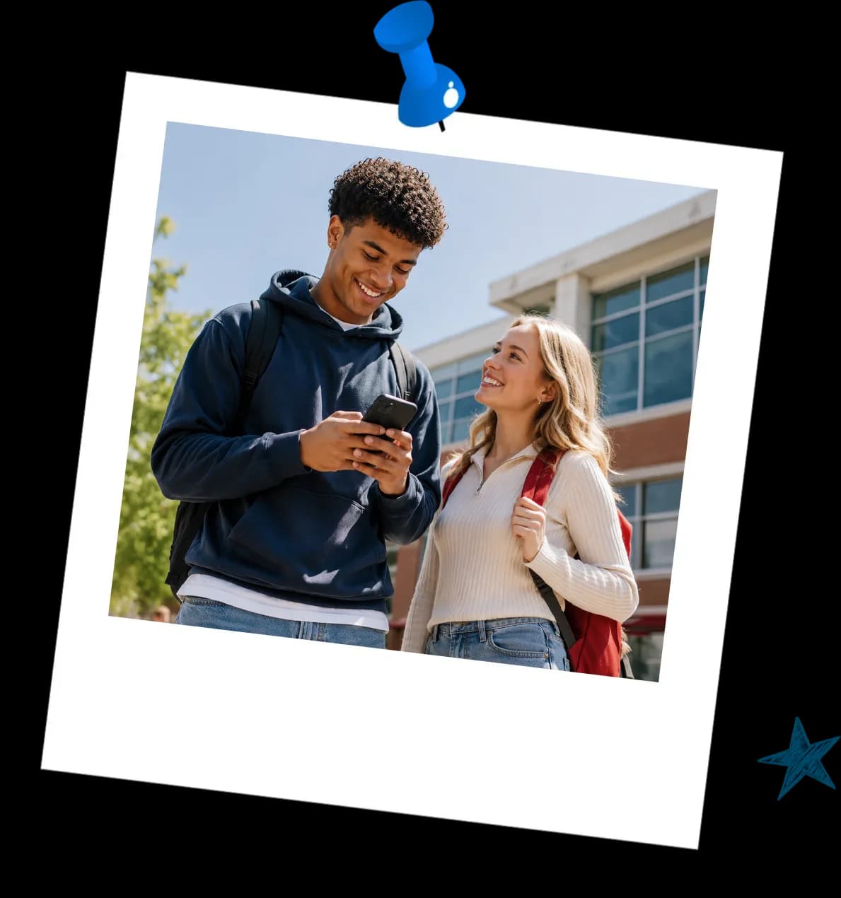 Polaroid photograph of two students smiling in front of their school